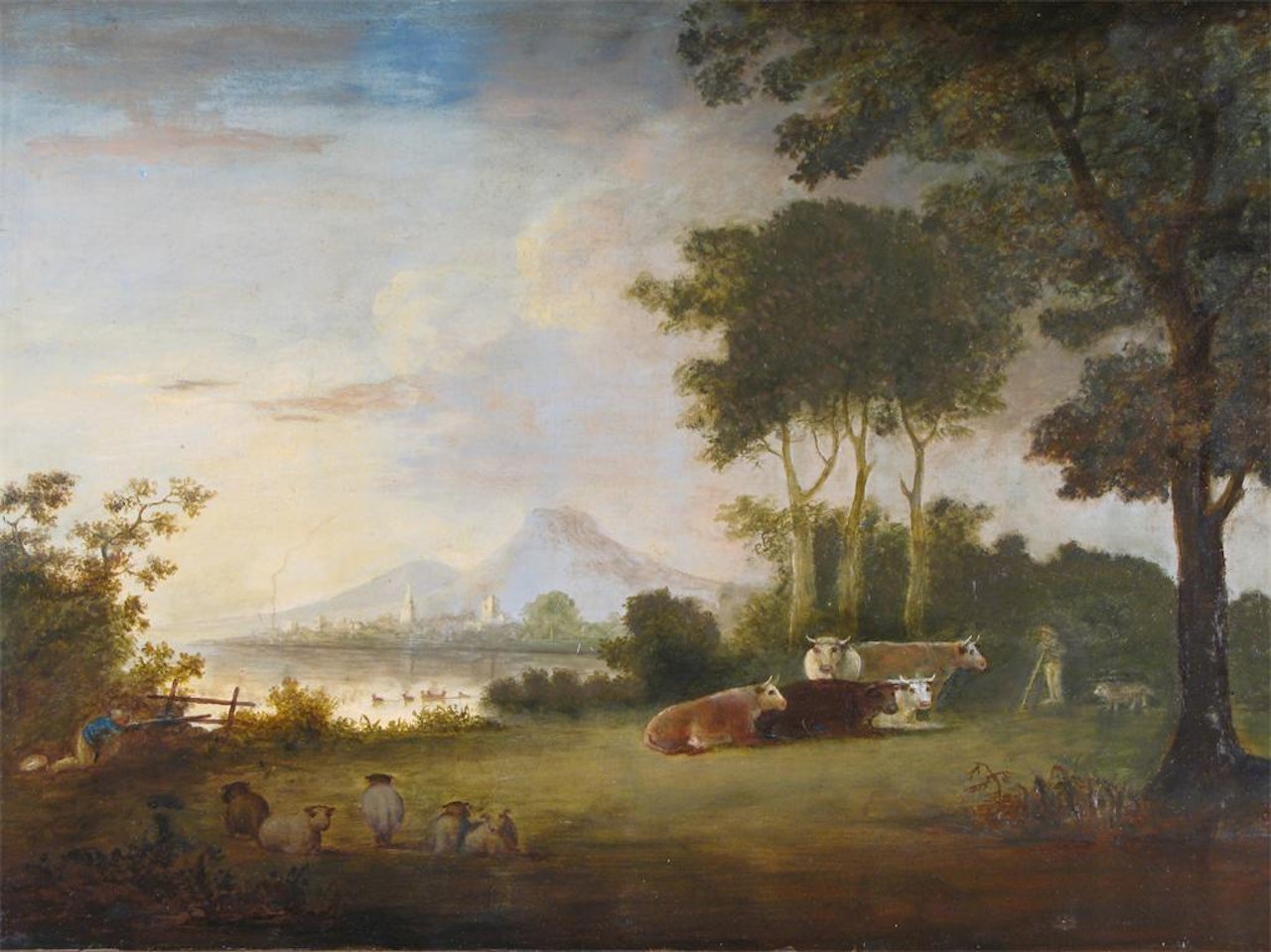 Rustics, cattle and sheep by a lake, a town beyond by English School