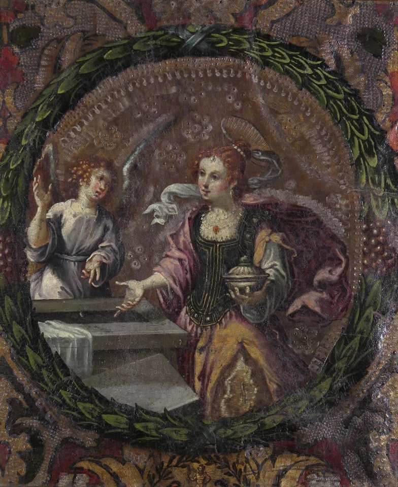 The empty tomb, in a painted roundel with a decorative border by Continental School