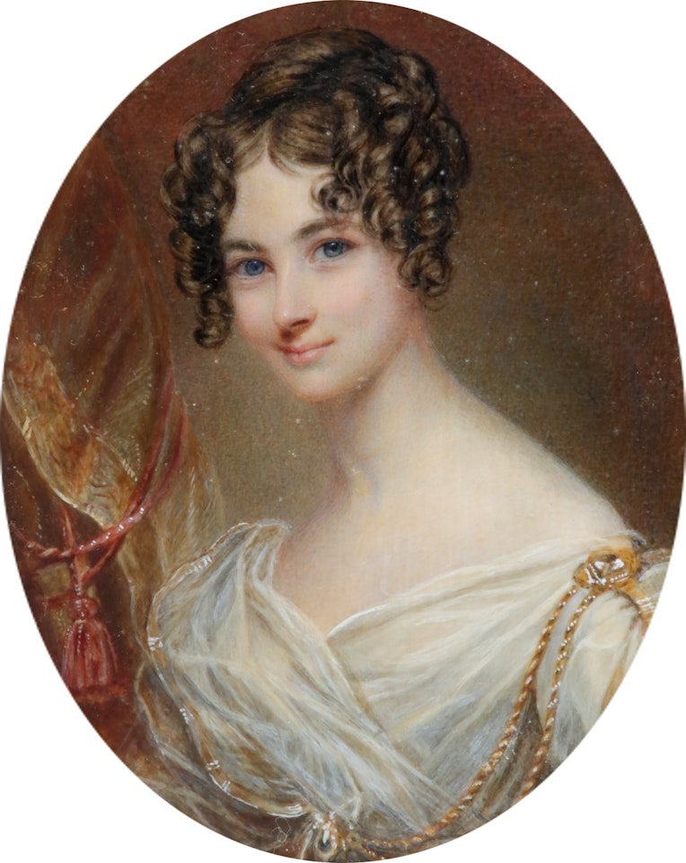 Portrait miniature of Lady Maria Theresa Lister (née Lewis), wearing a white dress, her hair in ringlets, in a painted oval by English School