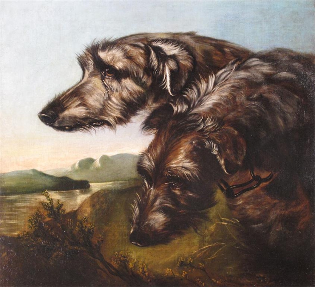 Two deerhounds in a lakeland landscape by English School