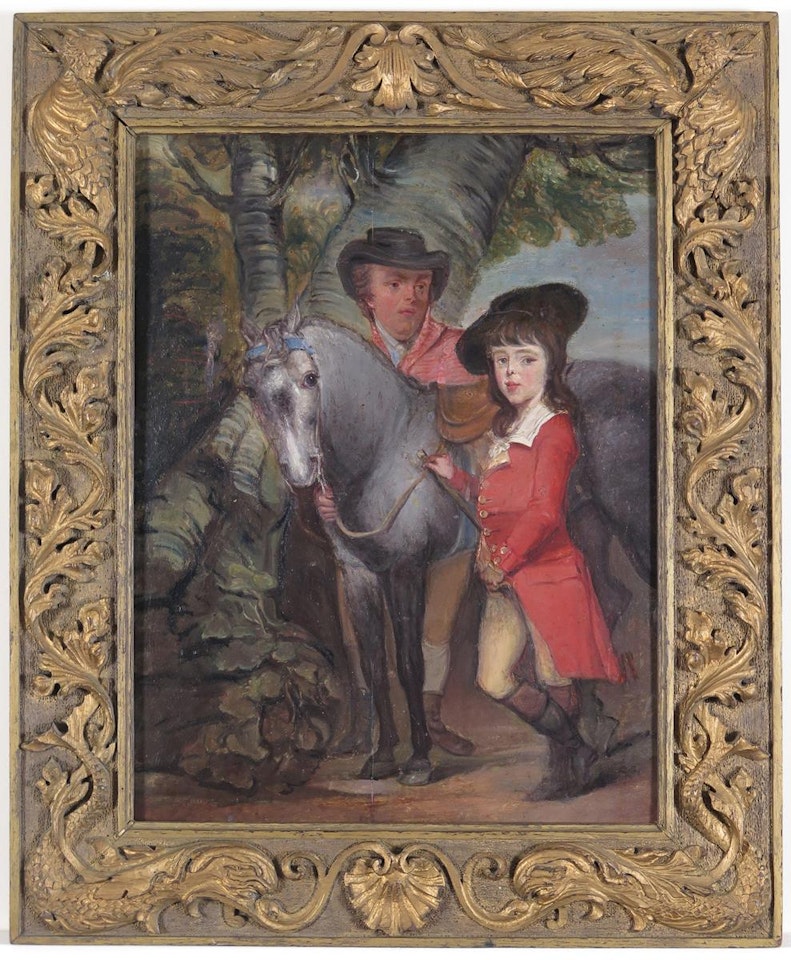 Young boy with a horse and groom by English School