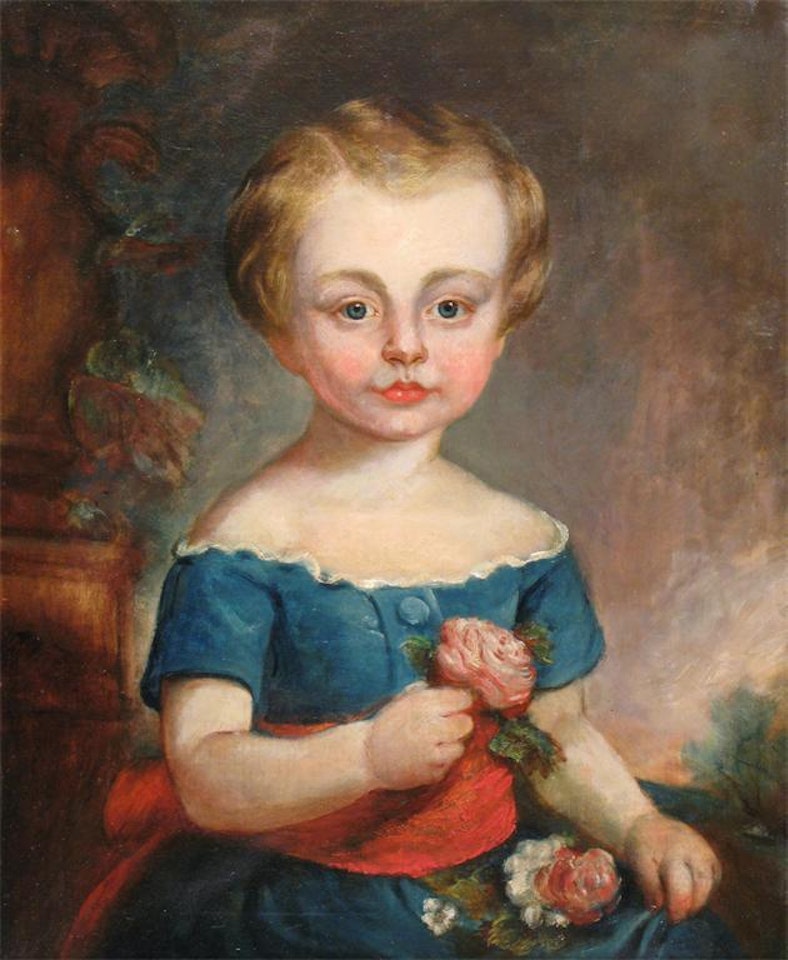 Portrait of a girl in blue holding flowers by English School