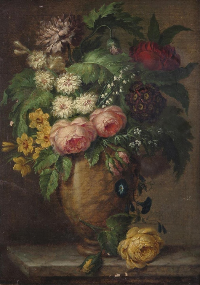 Still life of flowers in a vase on a marble ledge by French School
