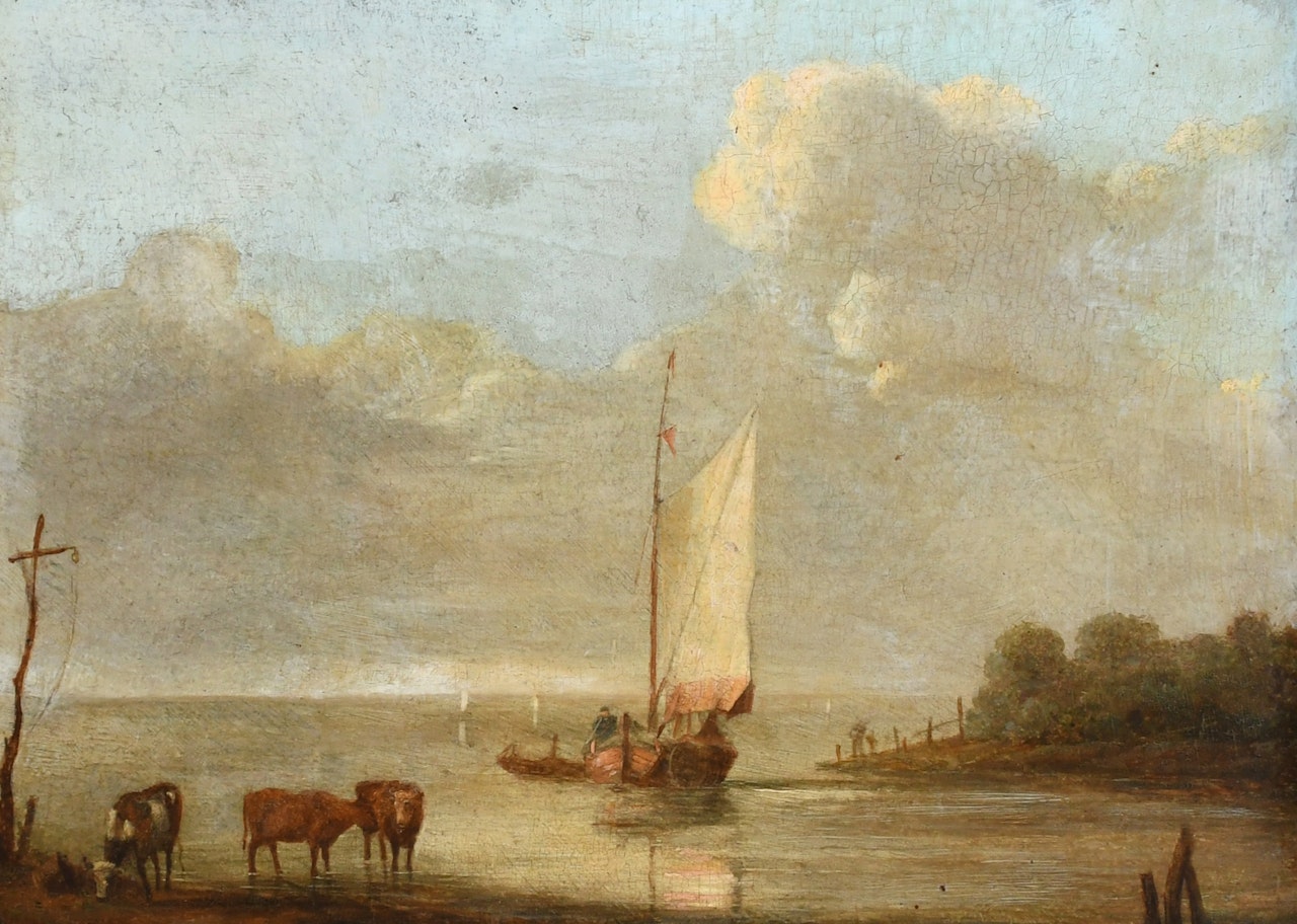 Landscape with a fishing boat and cattle watering in an estuary by Dutch School