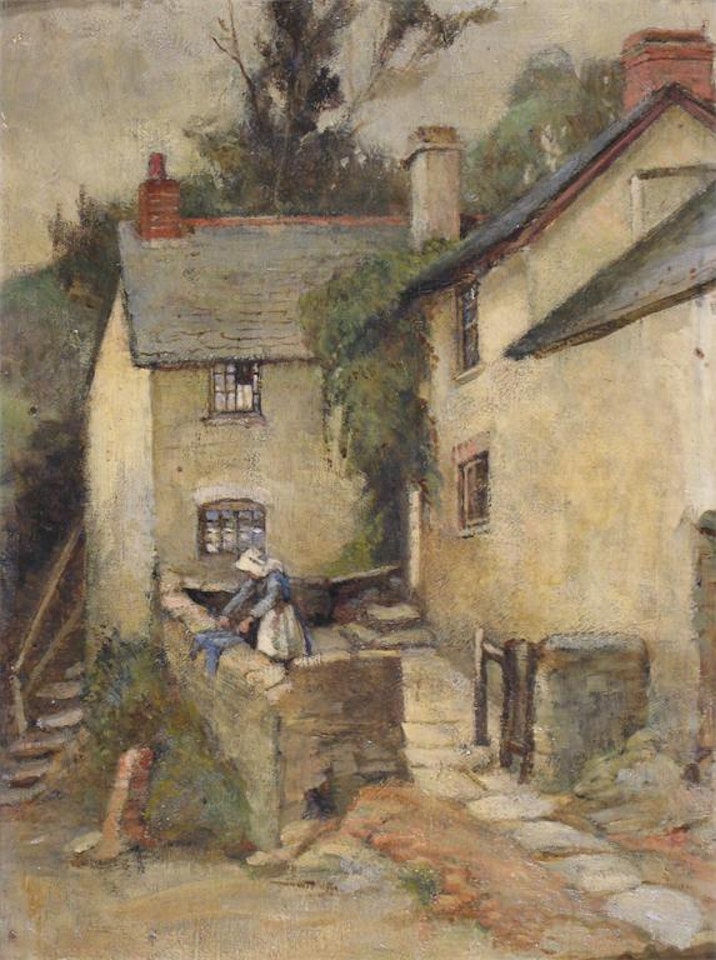 A figure by a cottage by English School