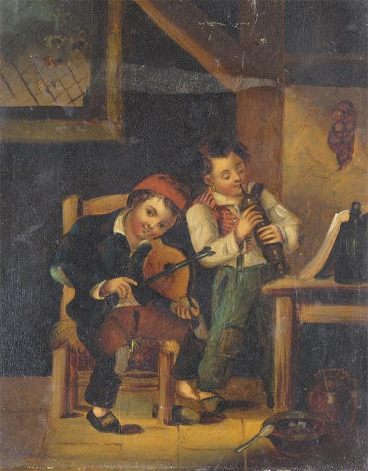 Interior scene with boys practising instruments by Dutch School