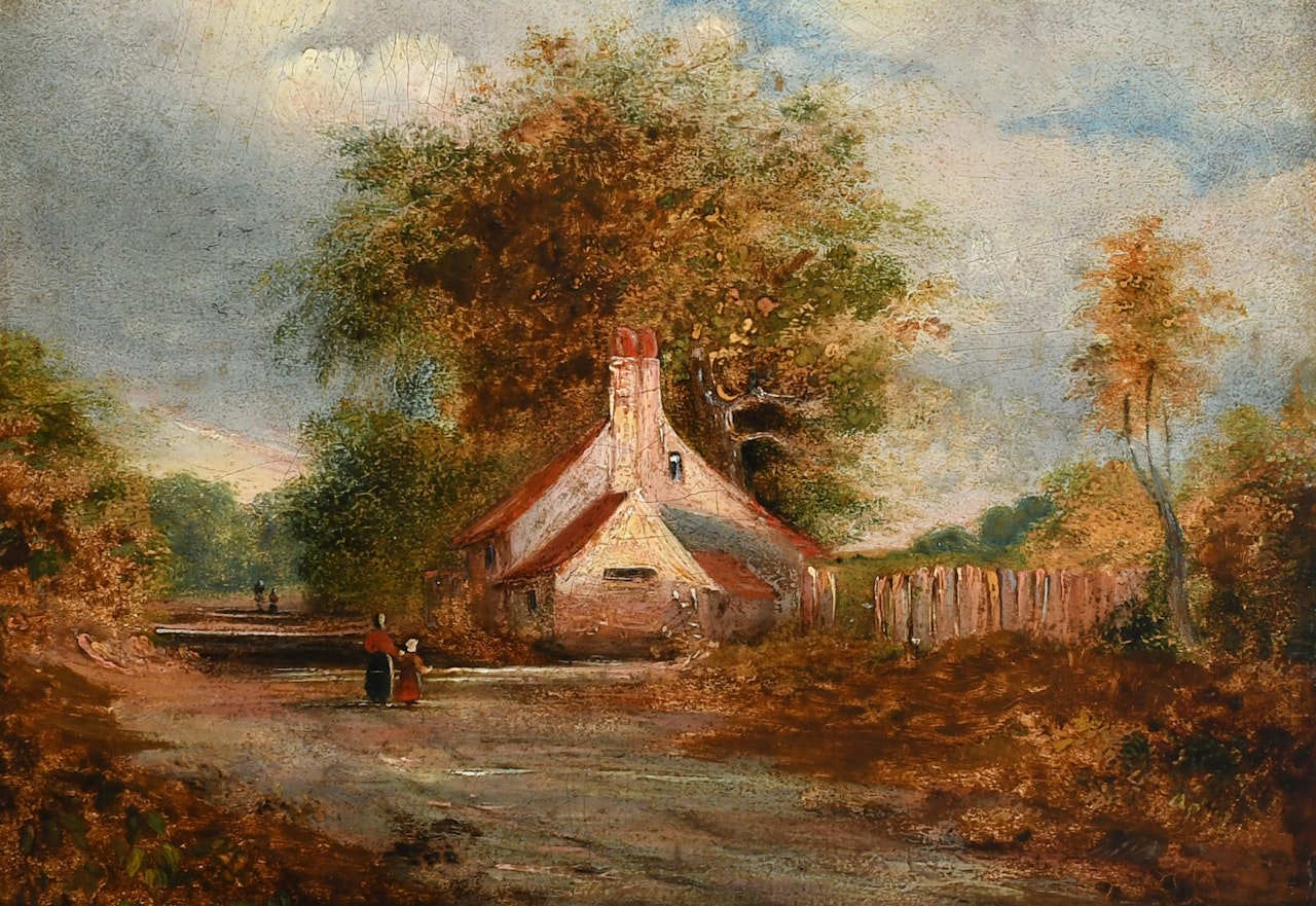 Figures passing a cottage on Mortlake Road by English School