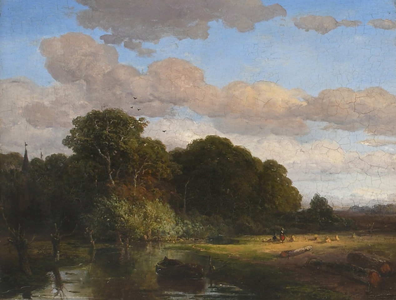 River landscape with harvesters resting by the bank and a church in the distance by English School