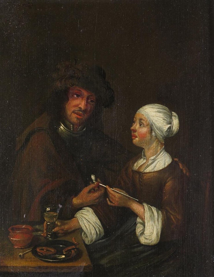 A couple in an interior, with a clay pipe and rummer by Dutch School
