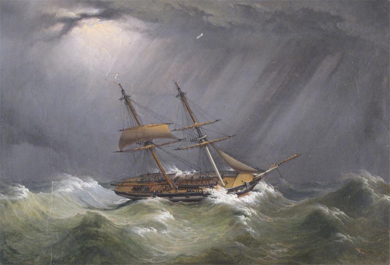 A brig of war in heavy seas by English School