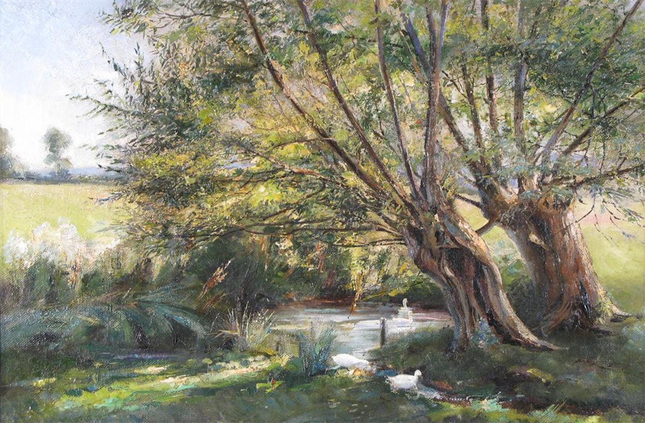 Duck by willow trees and a stream in a meadow by Continental School