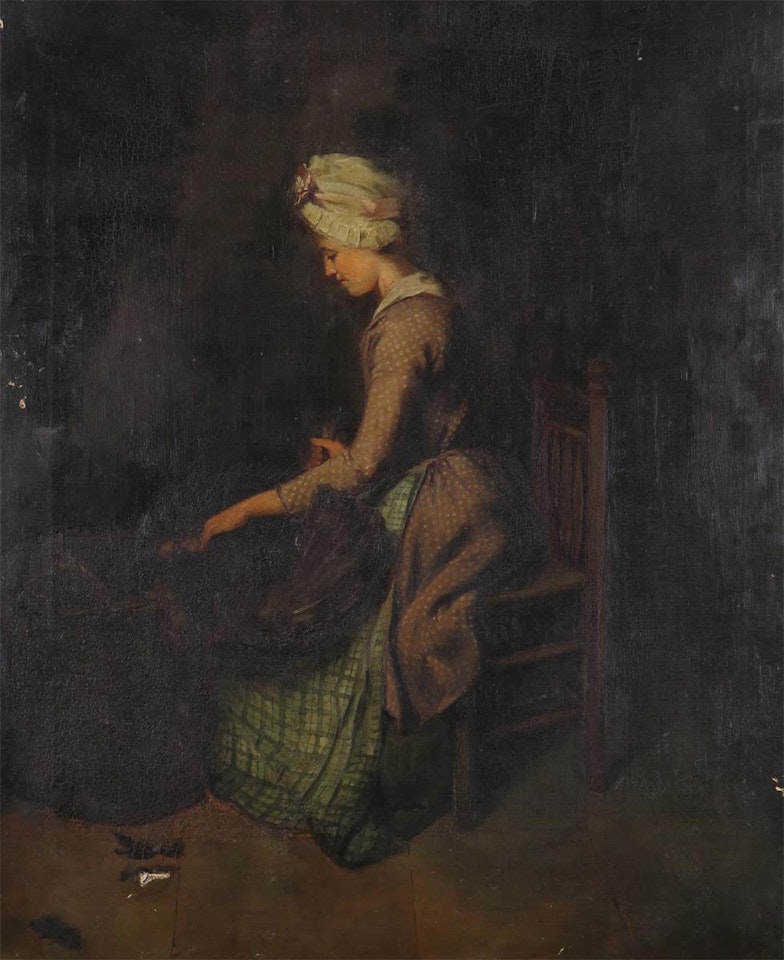 Interior with a woman plucking a turkey by Continental School