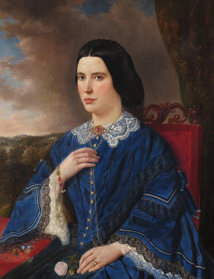 Portrait of a young lady, seated, wearing a blue jacket with lace collars and cuffs by English School