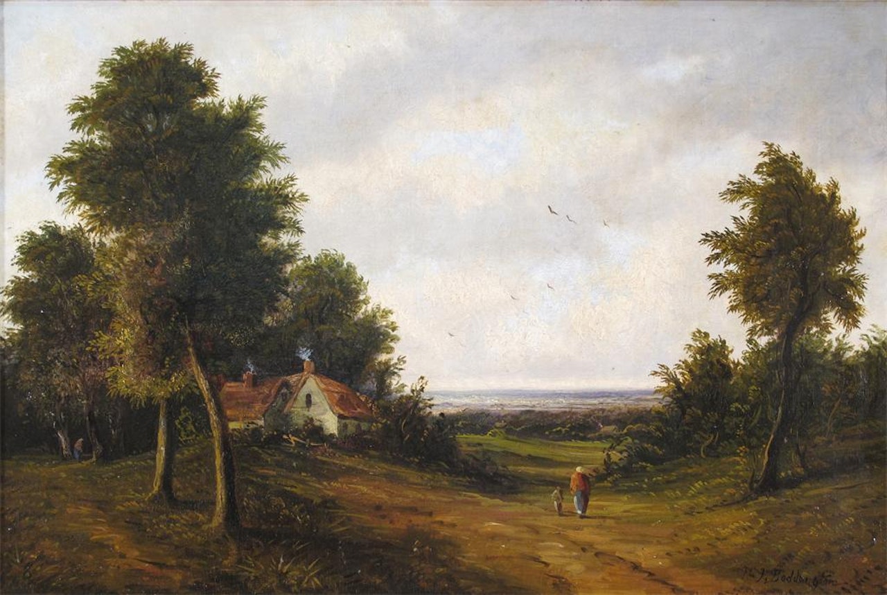 Figures by a cottage in a landscape by English School
