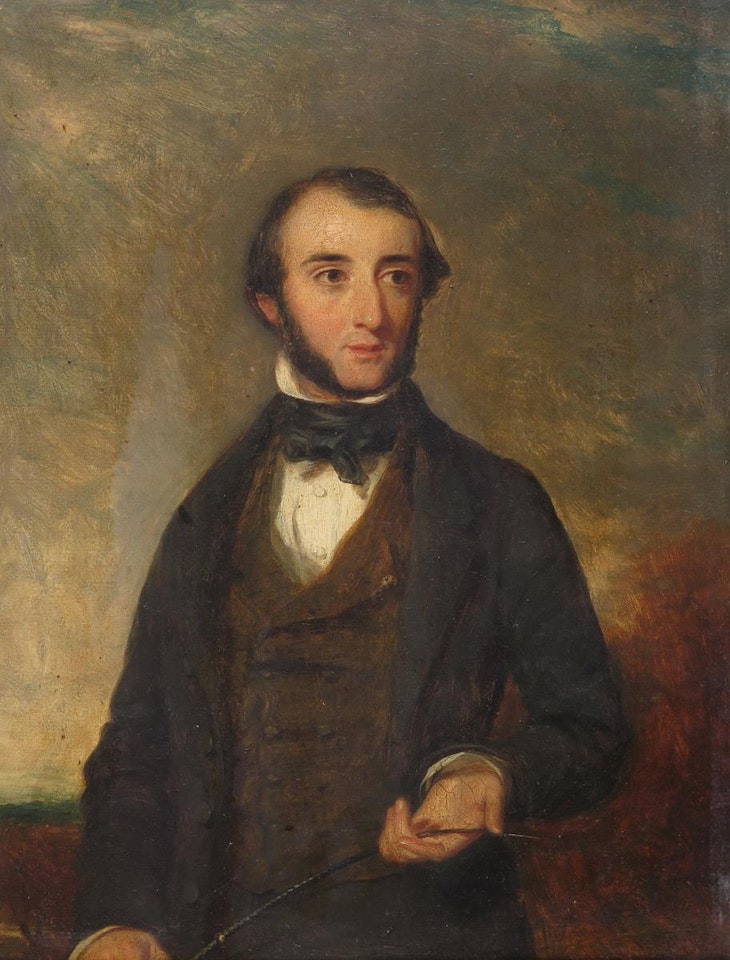 Portrait of a gentleman; Half length holding a riding crop by English School