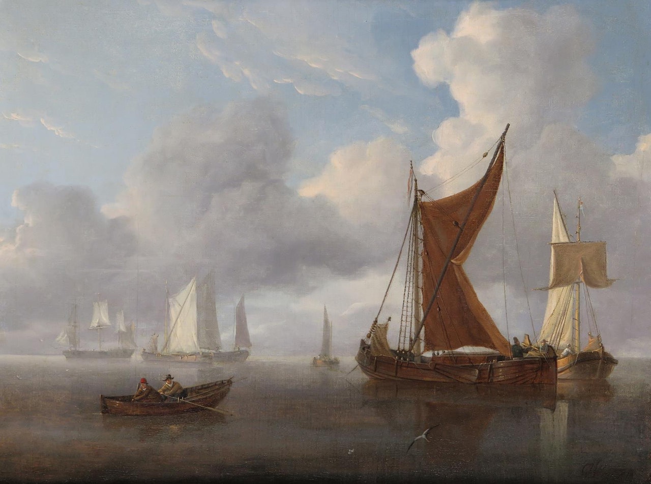 Dutch hoys and a ship in calm seas by Charles Martin Powell