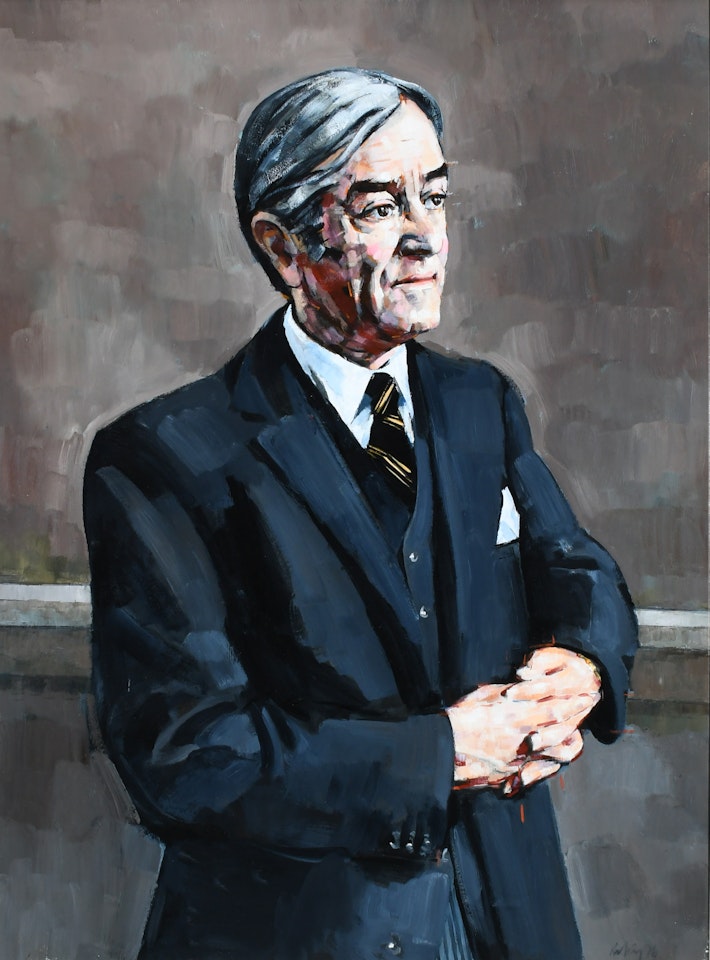 Portrait of John Herwell Morris, thee-quarter length, wearing a grey suit by Harold Riley