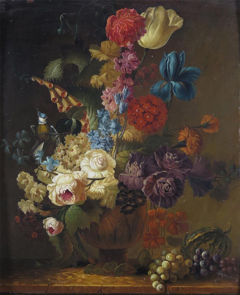 Still life of flowers in an urn and fruit on a ledge by Continental School