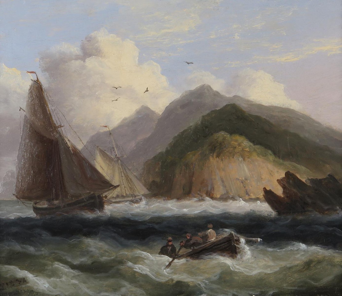Fishing boats and figures in a rowing boat in choppy seas by a rocky coast by Thomas Luny