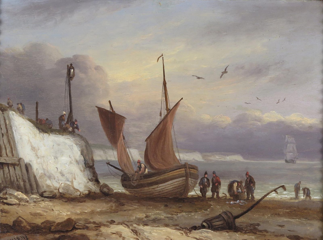 A beached fishing boat by a cliff with fishermen and women by Thomas Luny