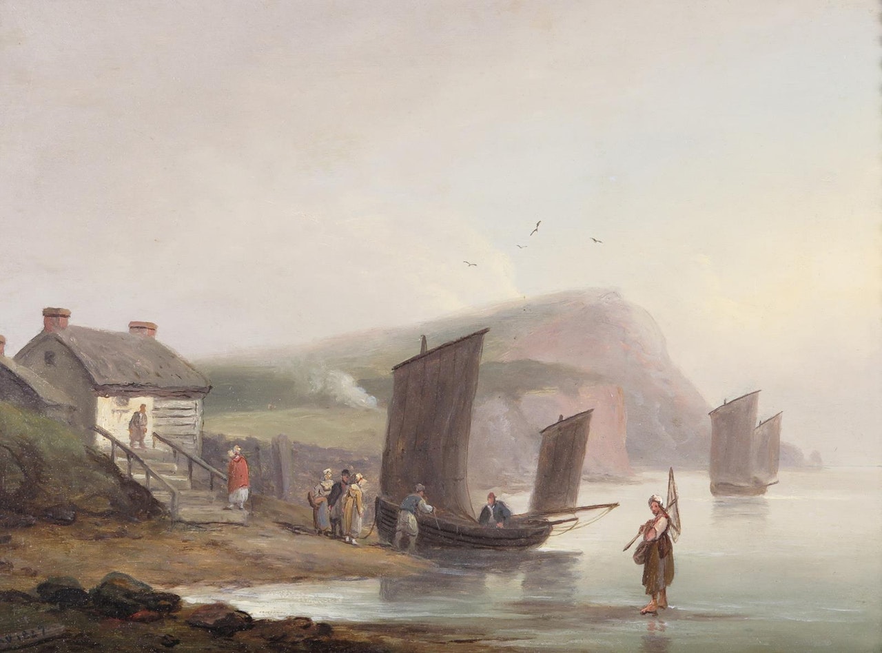 Fishing boats and figures by a cottage on the coast by Thomas Luny