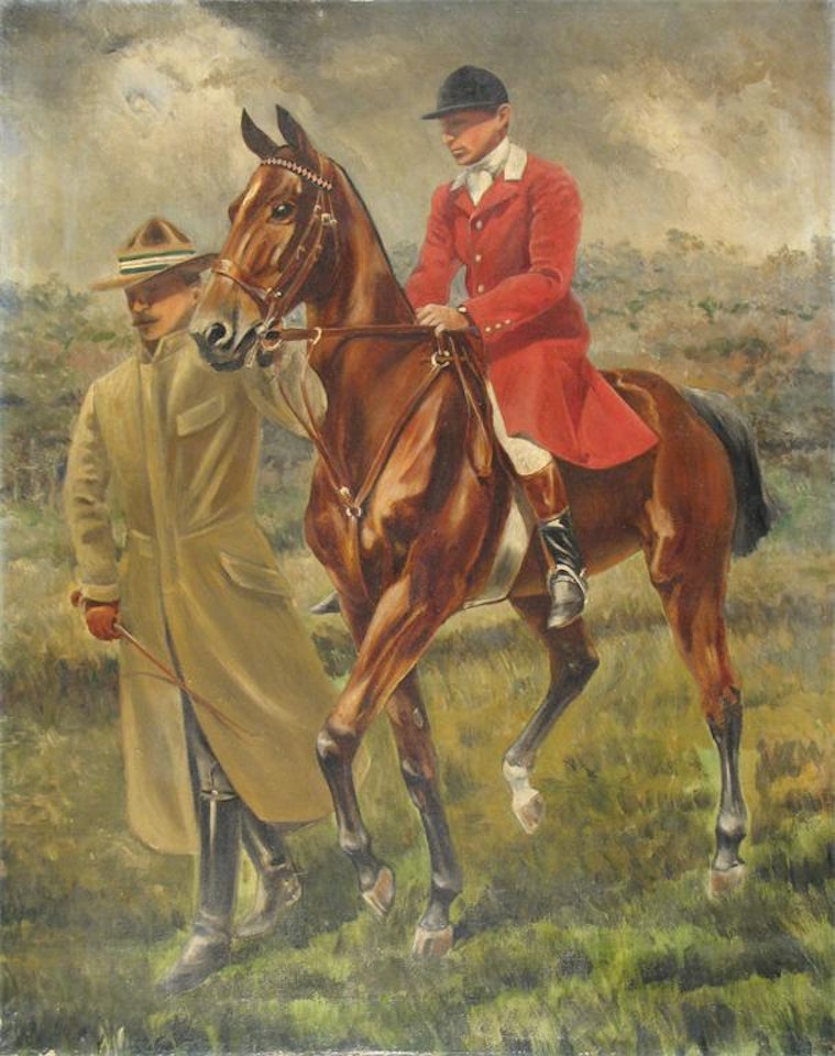 A huntsman on horseback being led by a man, possibly Baden Powell by English School