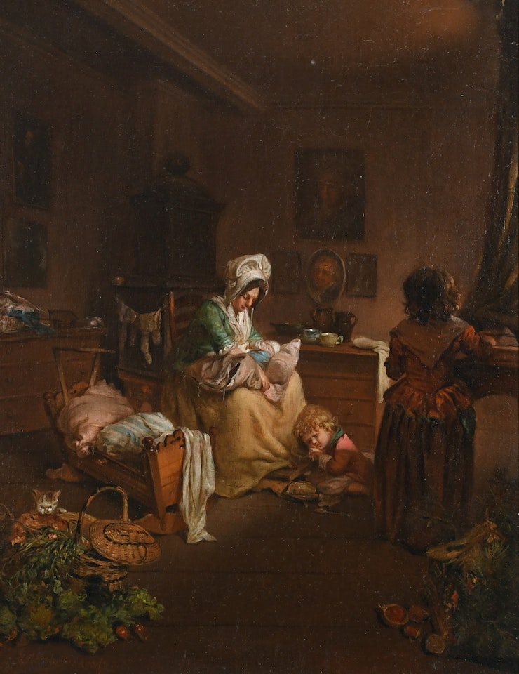 Interior with a mother and three children by French School