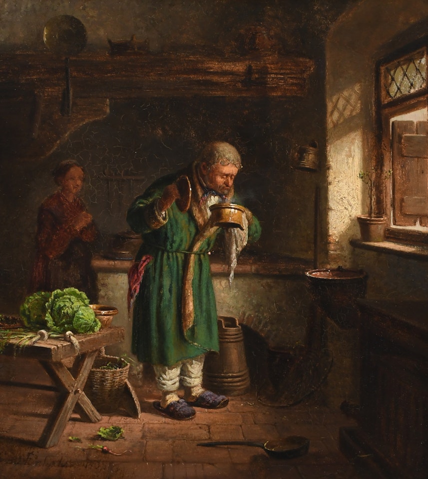 Kitchen scene with a gentleman sniffing the supper by Continental School