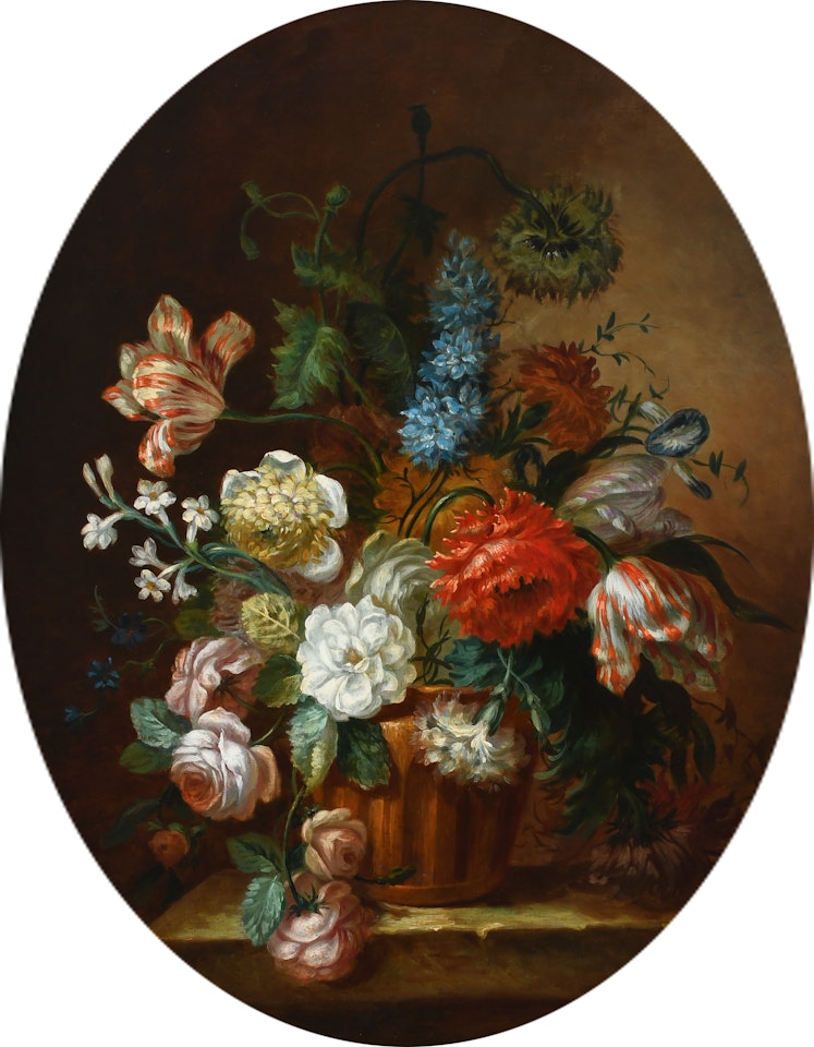 Still life with flowers in an urn on a stone ledge by Continental School
