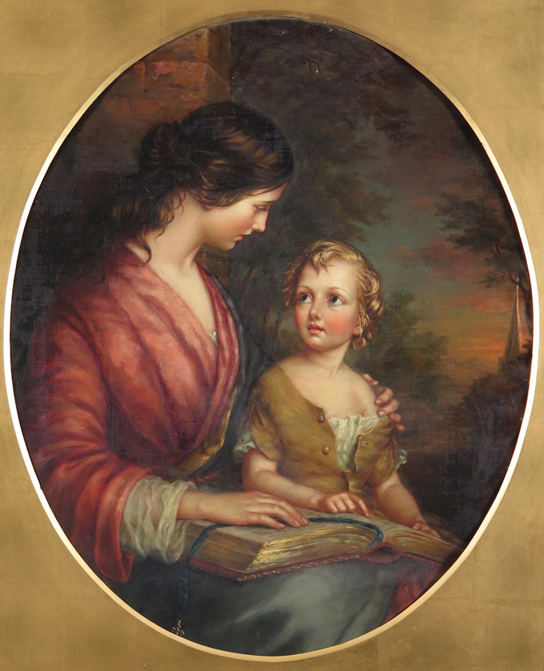 Miss Barlow reading with her mother, a church spire beyond by English School