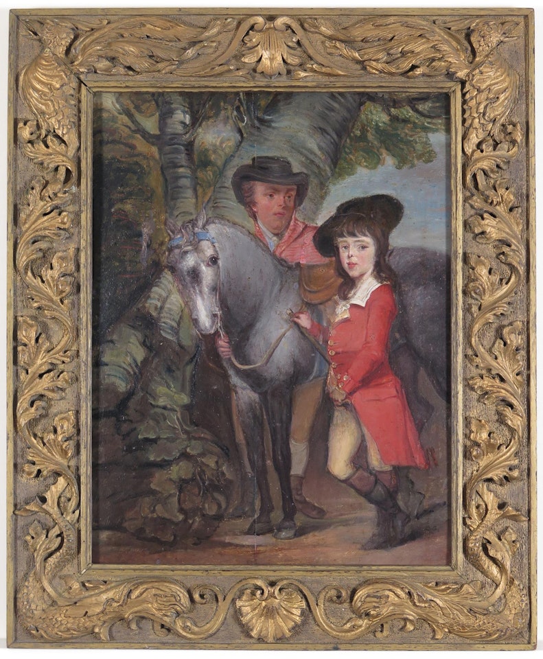 Young boy with a horse and groom by English School