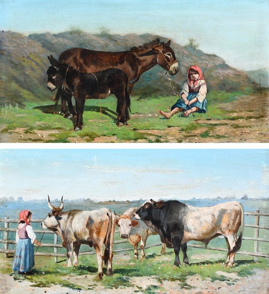 Landscape with a young girl and two donkeys; Landscape with a young girl and three cows by Continental School