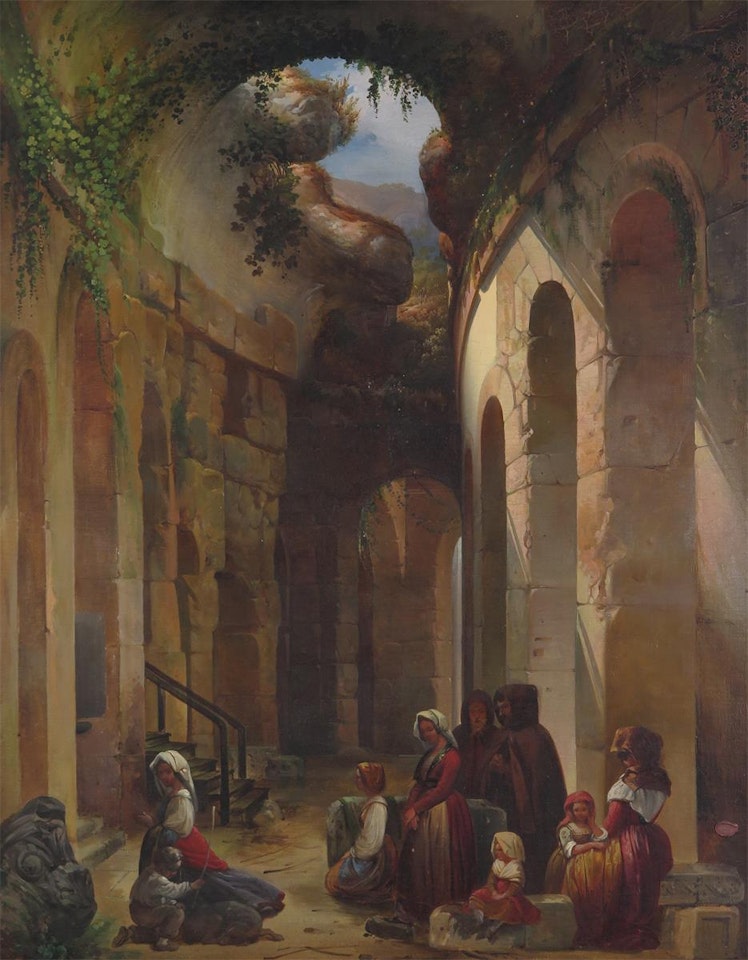 Worshippers at a shrine amongst Roman ruins, possibly the Catacombs, Rome by Italian School