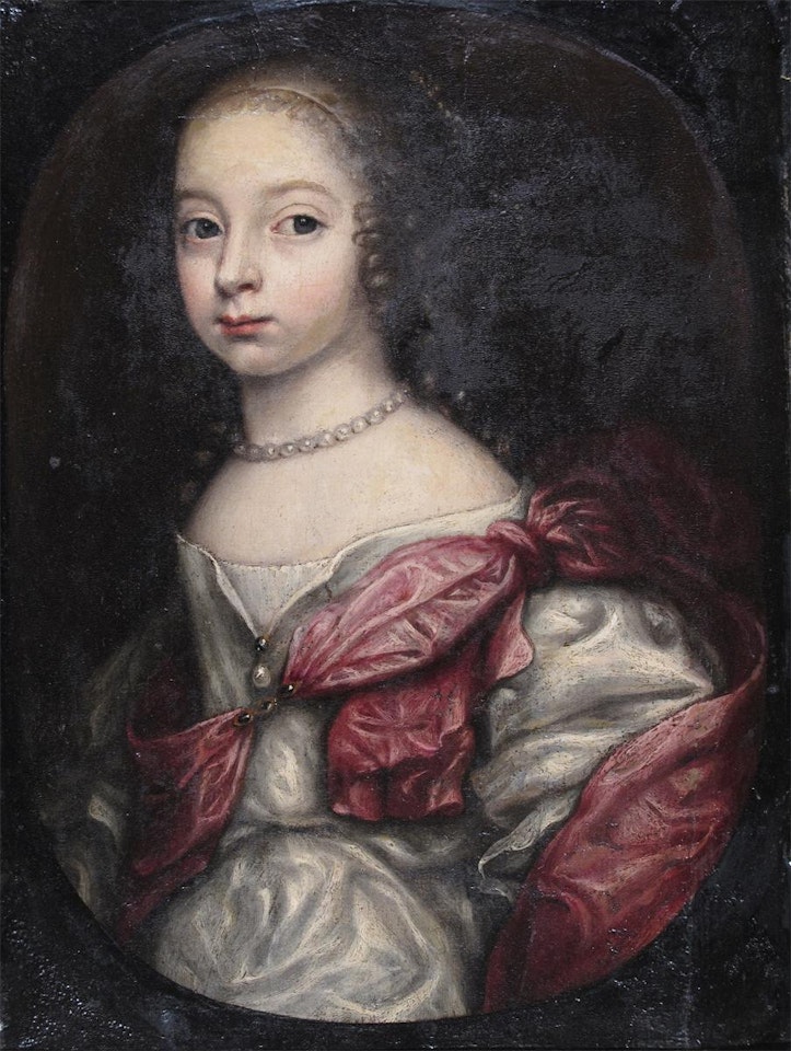 Portrait of a young lady wearing pearls, half length, in a painted oval by English School