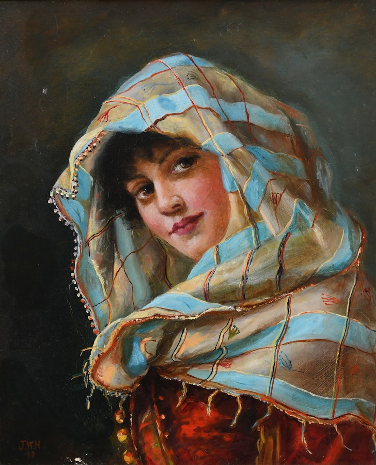 Portrait of an Italian beauty wearing a headscarf by English School