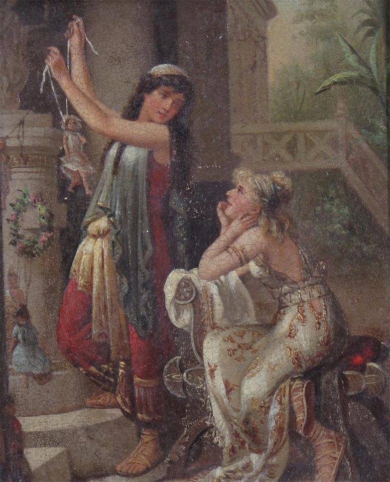 Girls playing with dolls in a classical setting by English School
