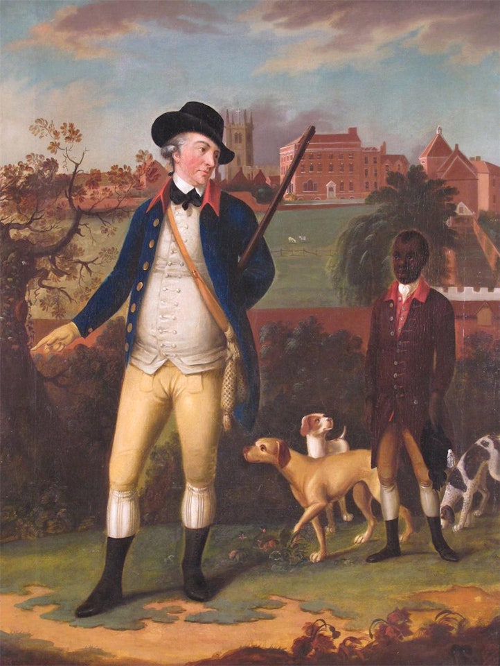 Portrait of a gentleman, full length standing, with his moor servant and dogs, a country house and church beyond by English School