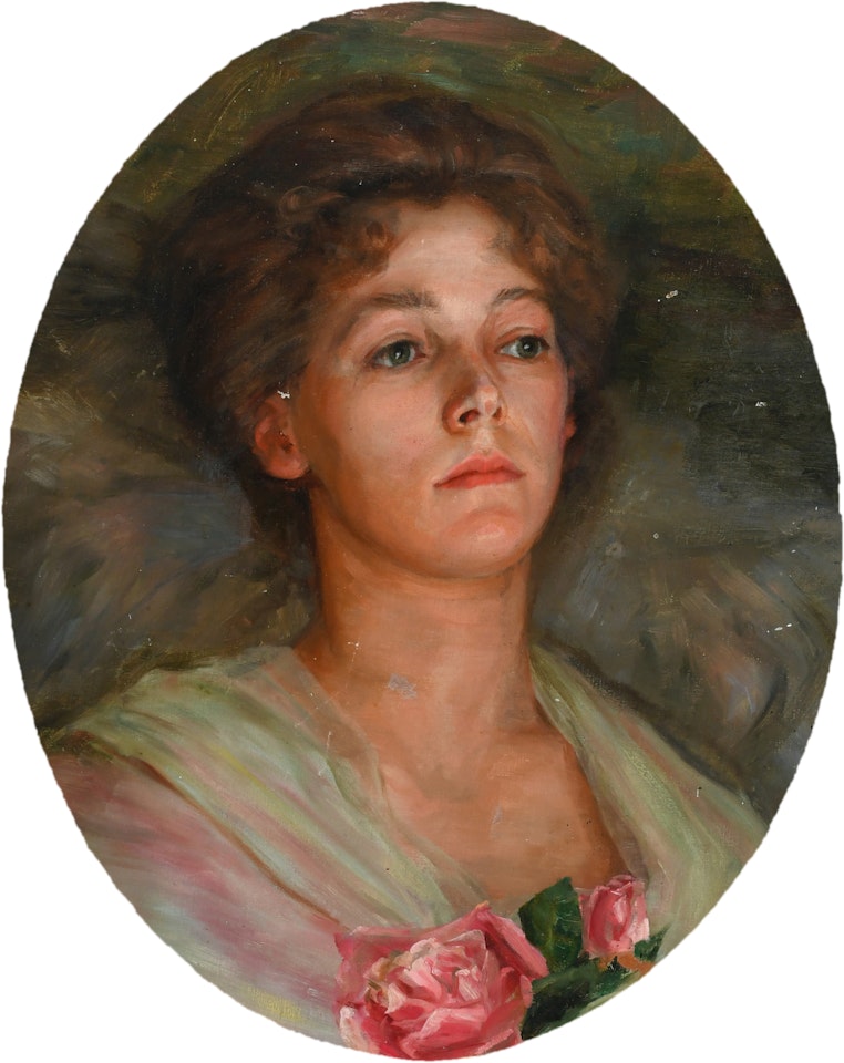 Portrait of a lady, traditionally identified as Lady Blanche Hozier (1852-1925), bust length, wearing a white and pink dress with roses by English School