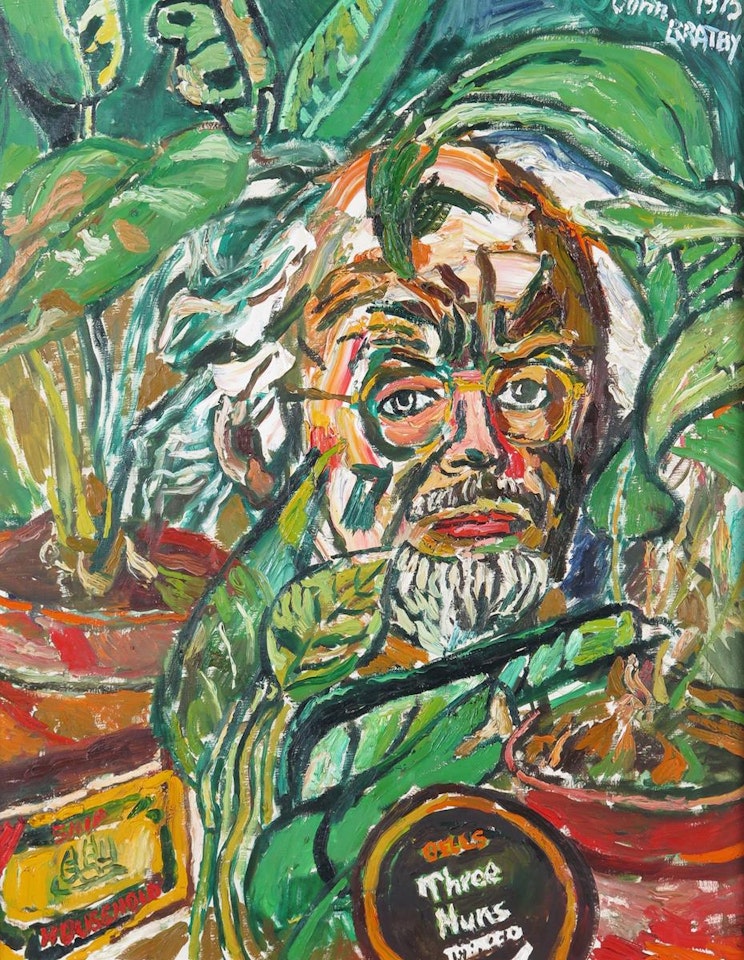Self portrait with a Three Nuns tin by John Bratby