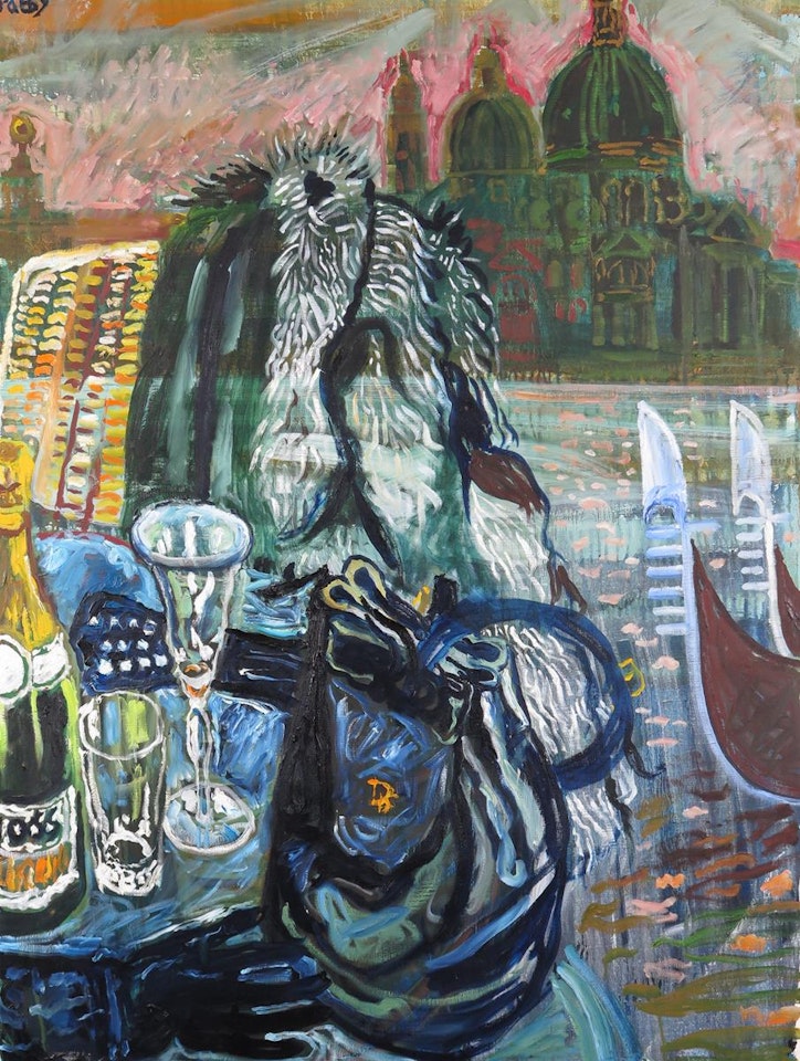Gritti Palace, Venice from the terrace, with a still life and a fur coat by John Bratby