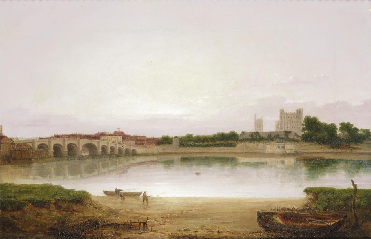 View of Rochester Bridge with the Castle and church beyond by English School