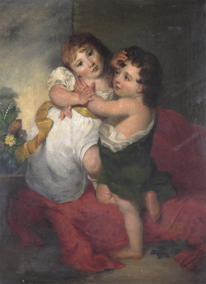 Portrait of two young children, full length by English School