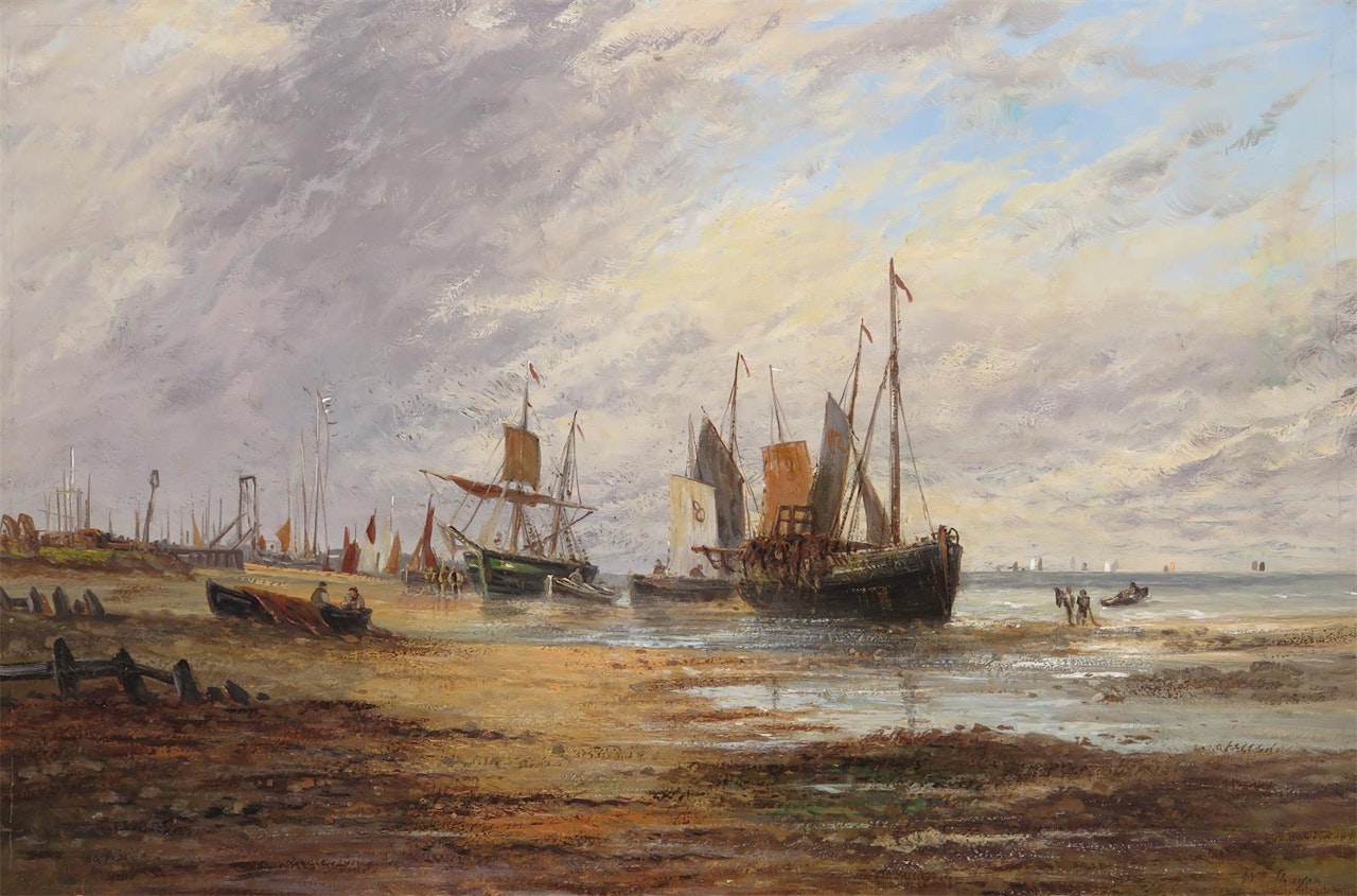 Fishing boats on the shore by English School