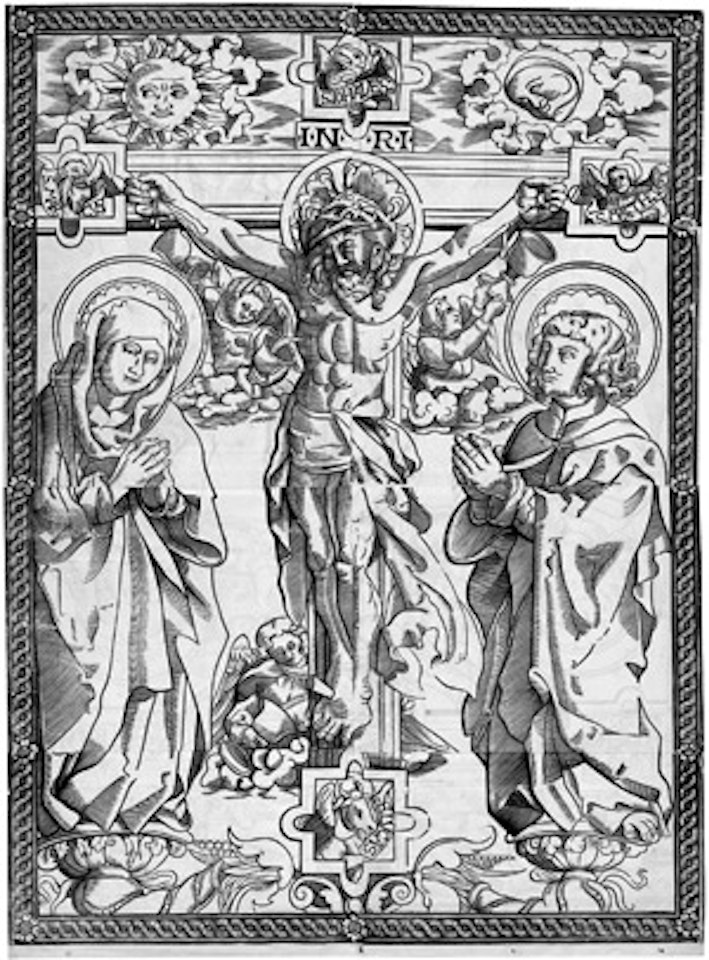 Christ on the cross, with Mary and John the Baptist. by German School
