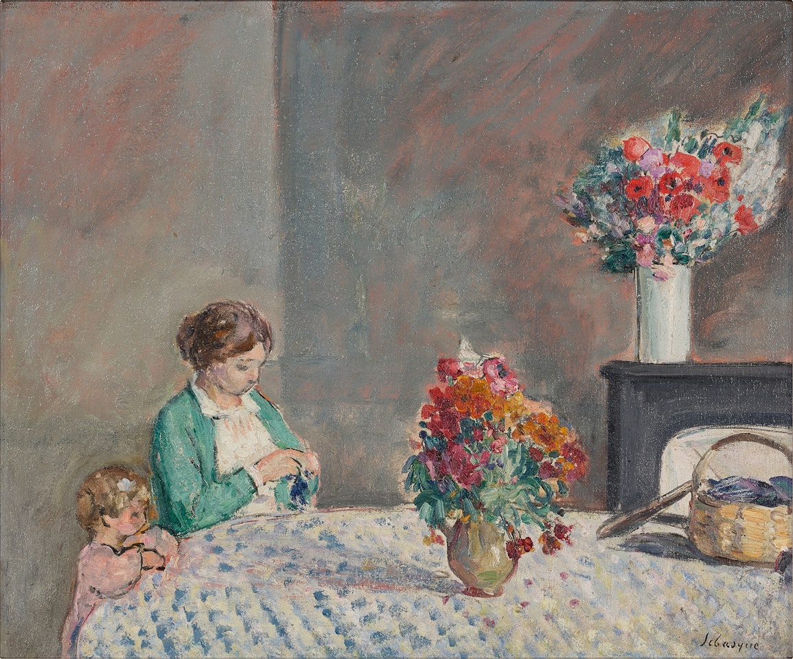 Femme et enfant devant une table by Henri Lebasque