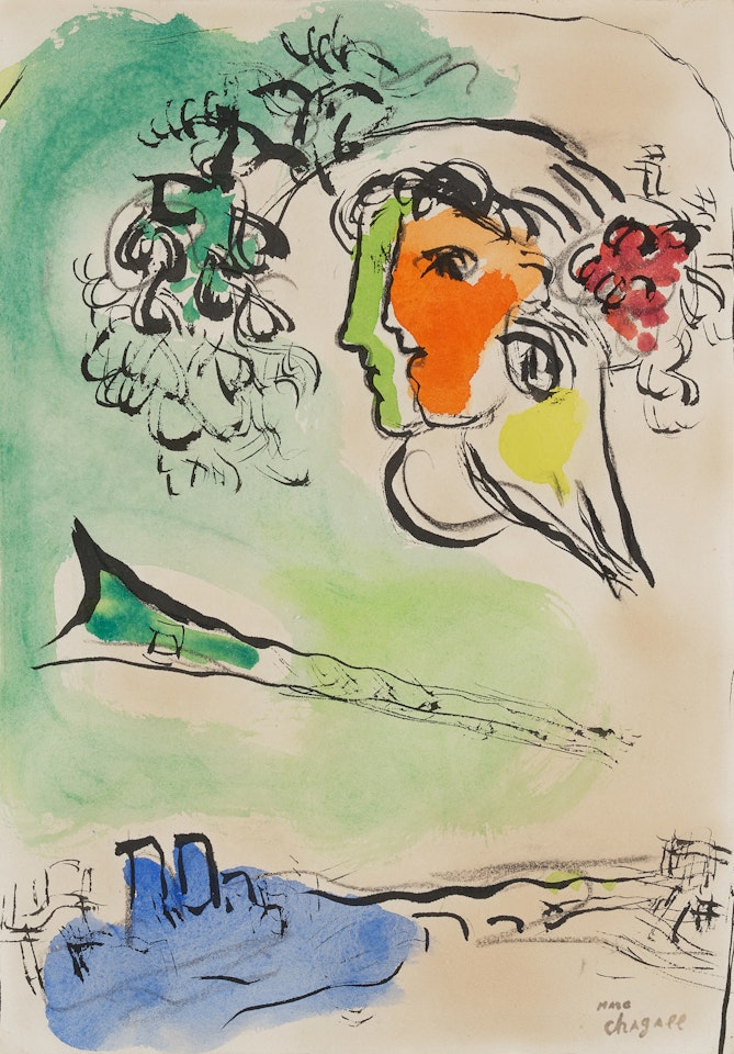 Esquisse pour l"affiche "Le ciel Bleu" ou Profils vert et orange by Marc Chagall