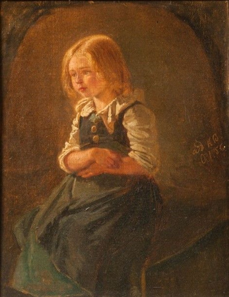Portrait of a little girl sitting with her arms crossed by French School