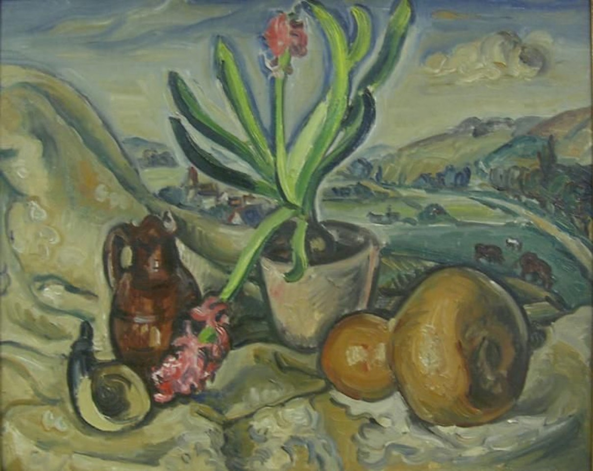 Still life in front of a landscape by Othon Friesz