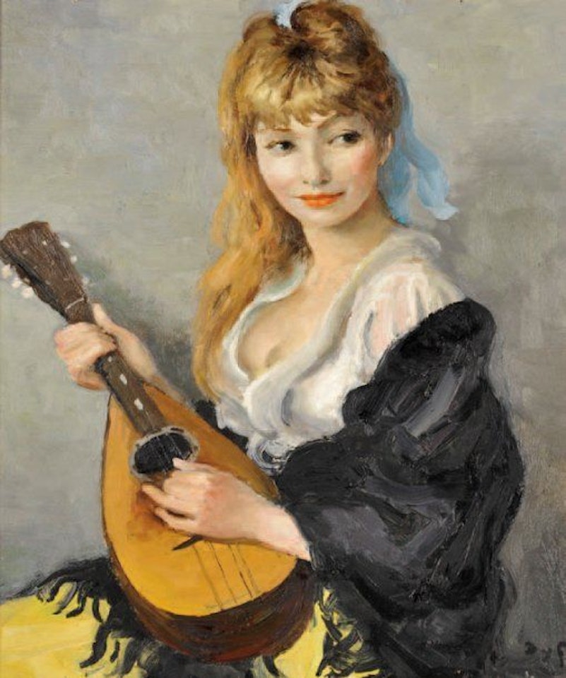 Young woman with mandolin by Marcel Dyf