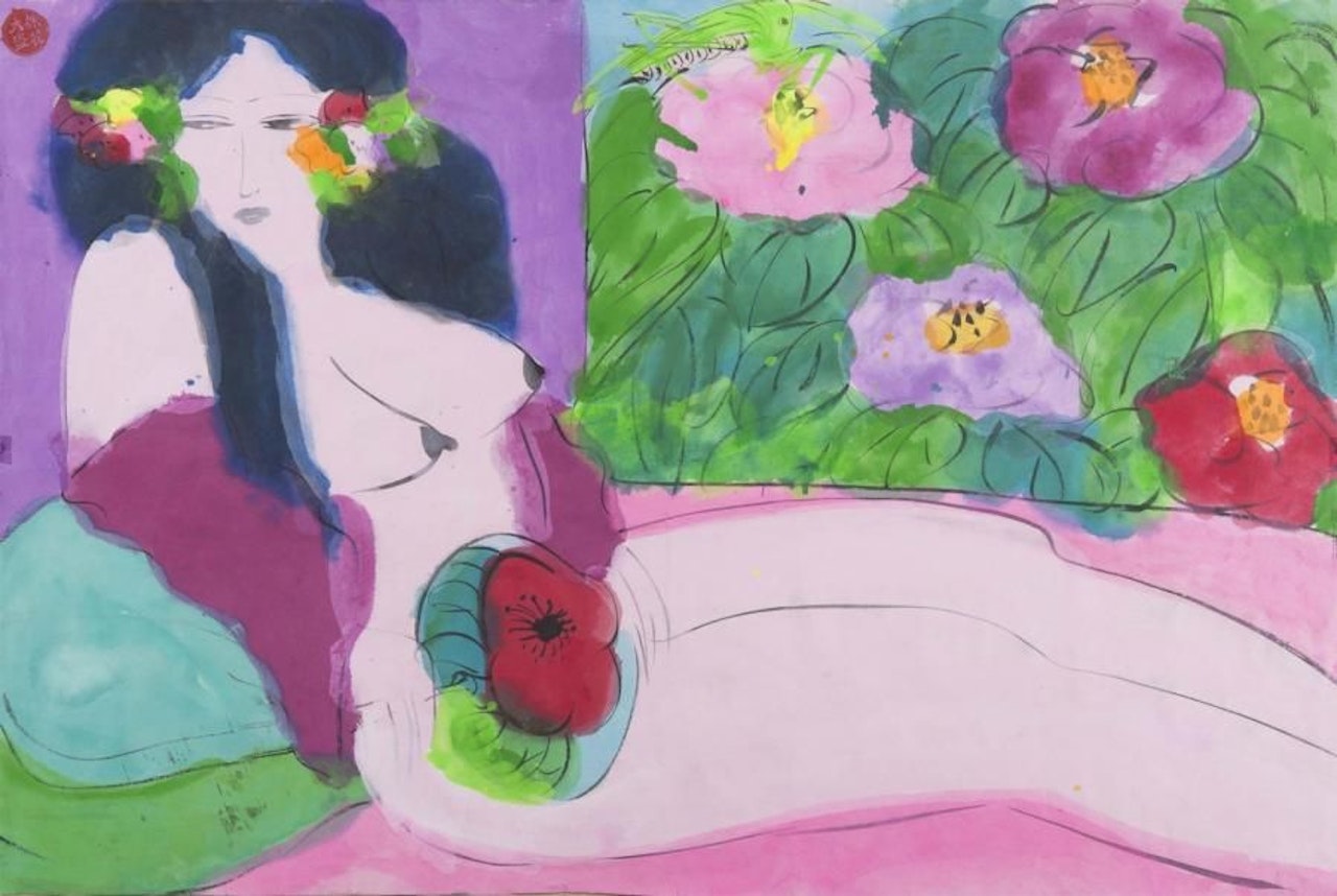 Woman with flowers by Walasse Ting